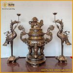 Bộ tam sự hạc đồng đỏ khảm ngũ sắc song long chầu nguyệt