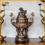 Bộ tam sự hạc đồng đỏ khảm ngũ sắc chạm nổi họa tiết song long
