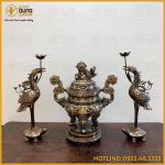 Bộ tam sự hạc đỉnh chạm long phụng chầu nguyệt đồng đỏ khảm ngũ sắc