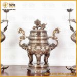 Bộ tam sự hạc chạm hoa sòi bằng đồng đỏ khảm tam khí thường