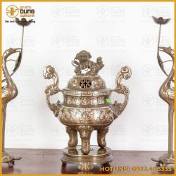 Bộ tam sự hạc đồng đỏ khảm tam khí hoạt tiết song long chầu nguyệt