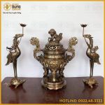 Bộ tam sự hạc khảm tam khí dát điểm vàng song long chạm nổi