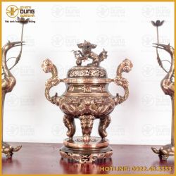 Bộ tam sự hạc đồng đỏ cạo màu chạm song long – Mẫu 1