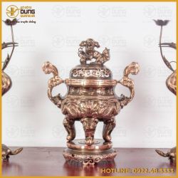 Bộ tam sự hạc đồng đỏ cạo màu đỉnh chạm song long – Mẫu 3