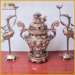 Bộ tam sự hạc đồng đỏ cạo màu đỉnh chạm song long – Mẫu 4