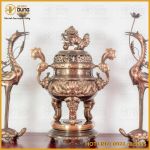 Bộ tam sự hạc đồng đỏ cạo màu đỉnh chạm song long – Mẫu 2