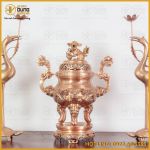 Bộ tam sự hạc đỉnh chạm song long chầu nguyệt bằng đồng đỏ