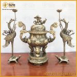 Bộ tam sự hạc đỉnh chạm hoa sòi đồng vàng hai công nghệ