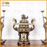 Bộ tam sự hạc đỉnh chạm song long đồng vàng hai lai