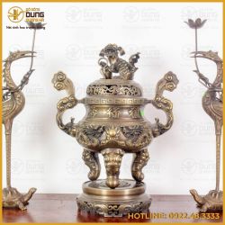 Bộ tam sự hạc đồng vàng hun giả cổ đỉnh chạm song long