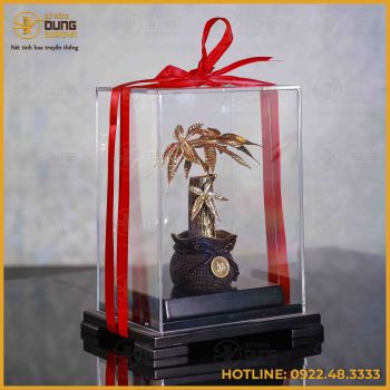 Quà lưu niệm cây kim tiền thân thẳng đồng vàng mạ vàng cao 22cm