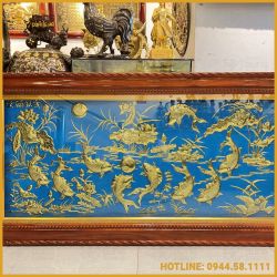 Tranh Cửu Ngư Quần Hội đồng vàng nền đỏ, đen, xanh