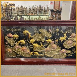 Tranh cửu ngư quần hội đồng đỏ khảm tam khí đầy đủ kích thước