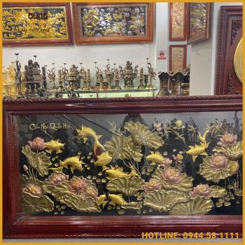 Tranh cửu ngư quần hội đồng đỏ khảm tam khí đầy đủ kích thước