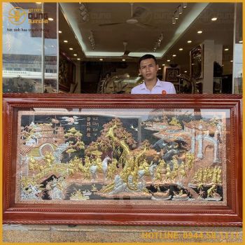 Tranh Vinh Quy Bái Tổ đồng đỏ khảm tam khí