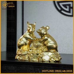 Tượng chuột đôi đồng đỏ dát vàng cao 39cm ngang 47cm nặng 24kg
