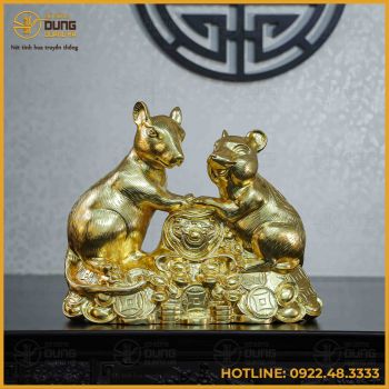 Tượng chuột đôi đồng đỏ dát vàng cao 39cm ngang 47cm nặng 24kg