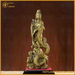 Tượng Phật Quán Thế Âm cưỡi rồng đồng vàng cao 30cm ngang 11cm nặng 1,8kg