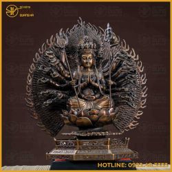 Tượng Phật Thiên Thủ Thiên Nhãn đồng vàng hun cao 42cm ngang 40cm sâu 25cm