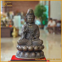Tượng Phật Quán Thế Âm đồng vàng hun cao 40cm ngang 27cm