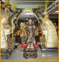 Tượng Phật Bà Quan Âm đồng đỏ làm màu cổ kính cao 1m8