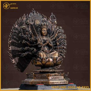 Tượng Phật Thiên Thủ Thiên Nhãn đồng vàng hun cao 42cm ngang 40cm sâu 25cm