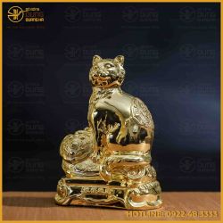 Tượng mèo như ý  đồng vàng mạ vàng kích thước 17x13cm nặng 1kg