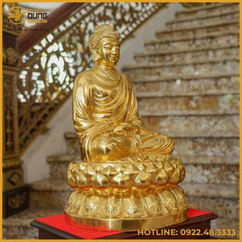 Tượng Phật Thích Ca đồng đỏ dát vàng cao 40cm