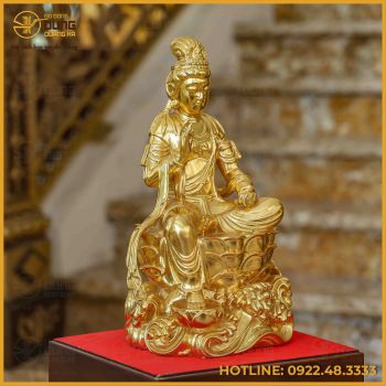 Tượng Quan Âm tự tại đồng đỏ dát vàng cao 38cm
