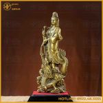 Tượng Phật Quán Thế Âm cưỡi rồng đồng vàng cao 30cm ngang 11cm nặng 1,8kg