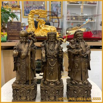 Bộ tượng Tam Đa đẹp bằng đồng vàng làm màu giả cổ cao 40cm